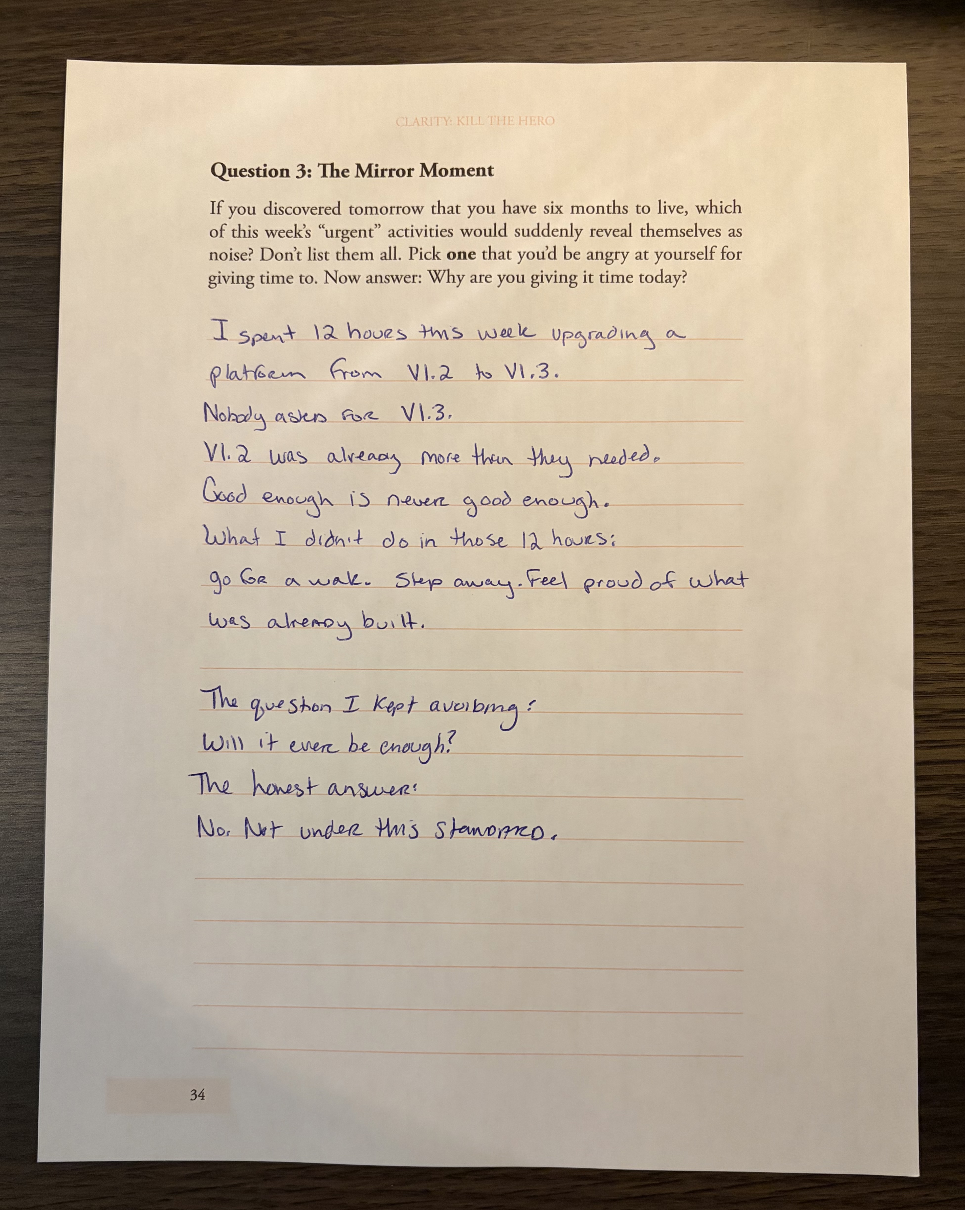 Handwritten answer: If you had six months to live, which of this week's "urgent" activities would reveal themselves as noise? Don't list them all. Pick one.