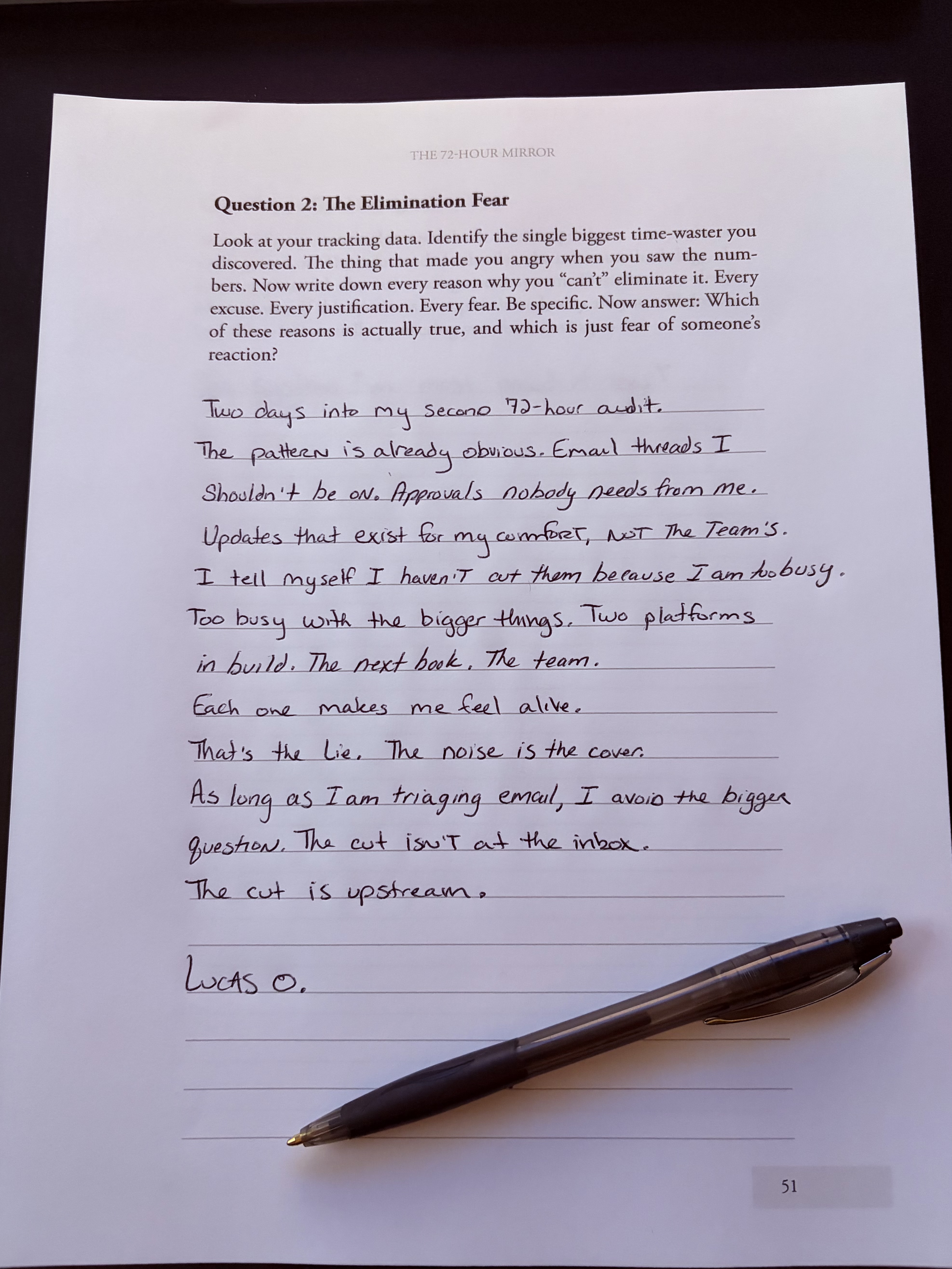Handwritten answer: What's the biggest time-waster in your audit data, and every excuse you give for keeping it? Which excuses are real, which are fear?
