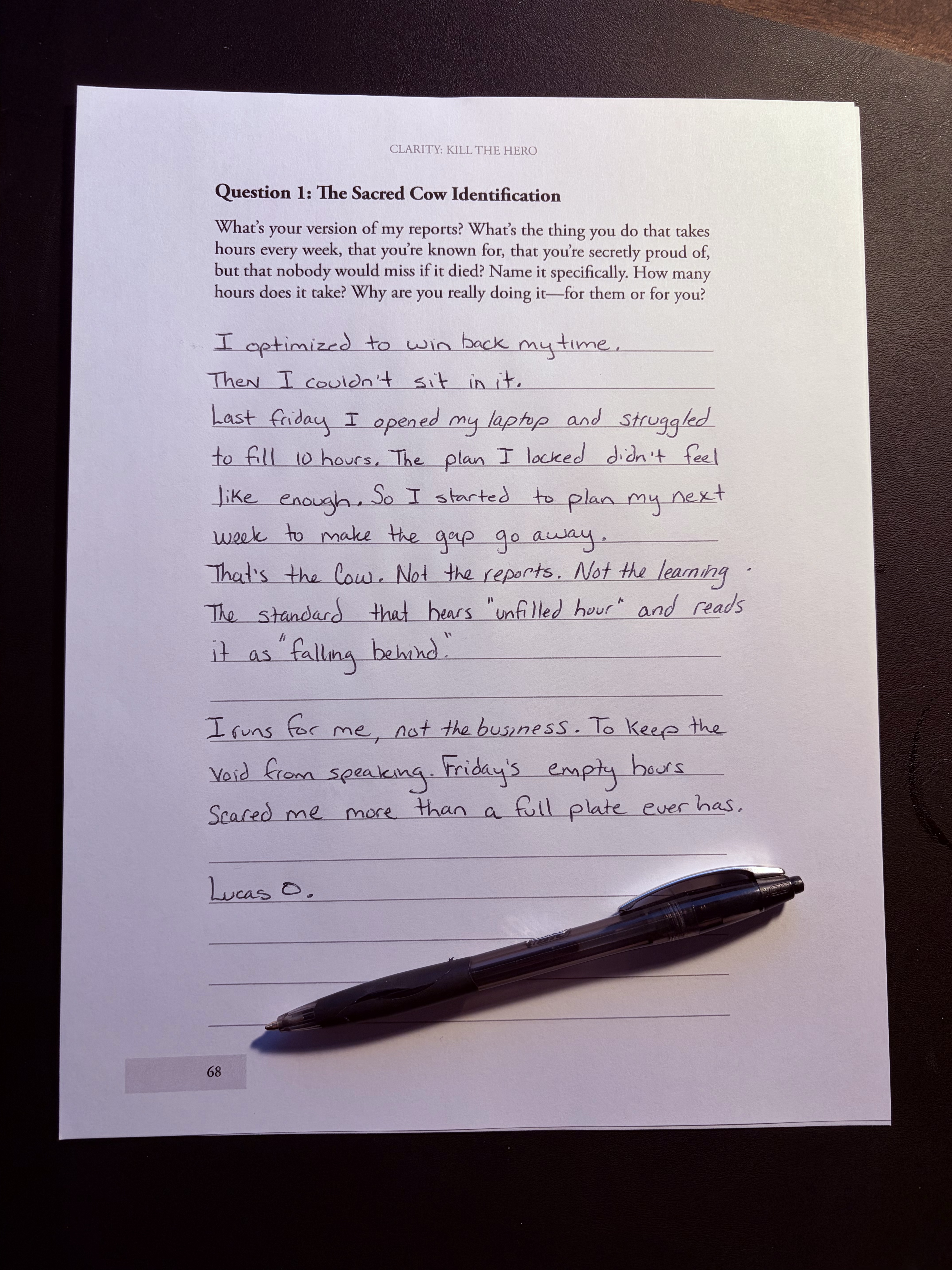 Handwritten answer: What's the thing you do every week, that you're known for, that you're secretly proud of, but that nobody would miss if it died?